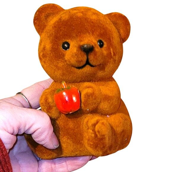 Vintage Flocked Teddy Bear Holding An Apple Bank Teacher Cottagecore KidCore - Picture 1 of 6